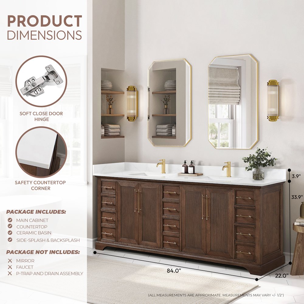 Tokyo 84" Freestanding Double Bath Vanity in Aged Dark Brown Oak. Picture 18