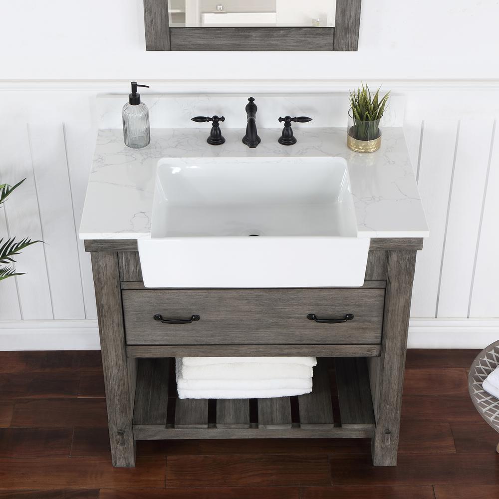 Single Bath Vanity with Composite Stone Top, White Farmhouse Basin and Mirror. Picture 7