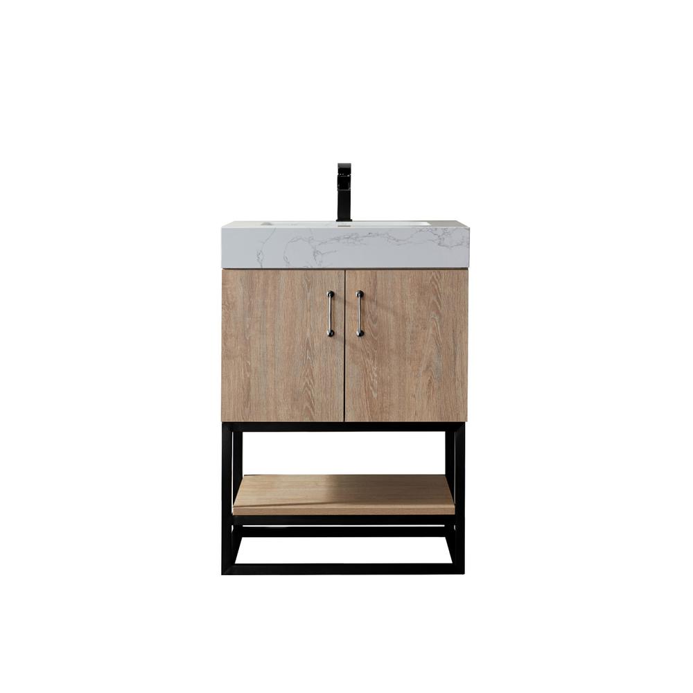 24B" Single Vanity with White Grain Stone Countertop Without Mirror. Picture 1