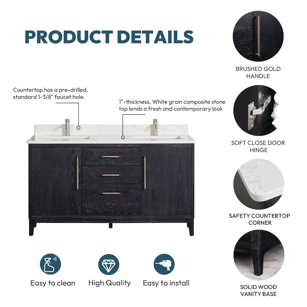 Gara 60M" Free-standing Double Bath Vanity in Fir Wood Black. Picture 17