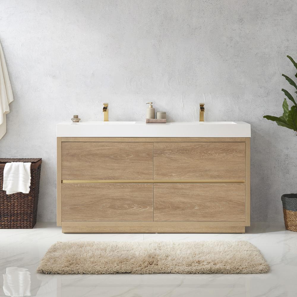 Double Sink Bath Vanity with White Composite Integral Square Sink Top. Picture 3