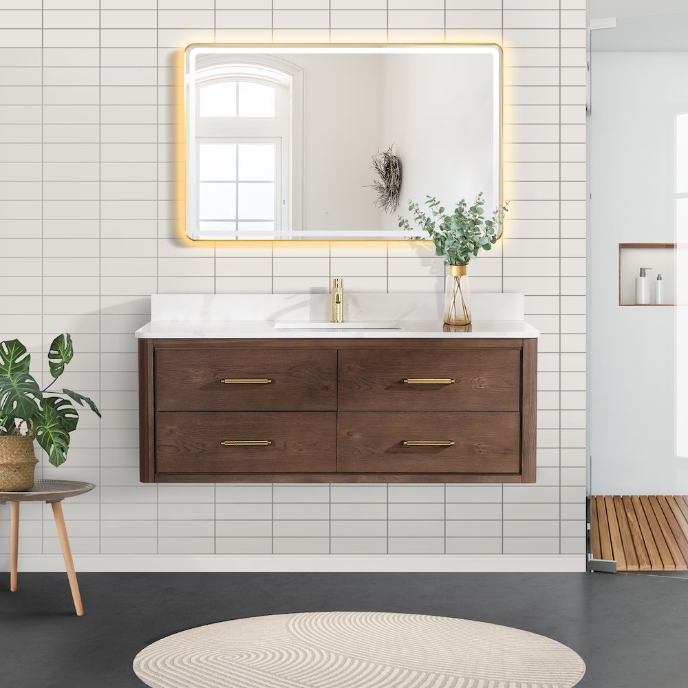 Cristo 55" Floating Single Bath Vanity in Aged Dark Brown Oak. Picture 3