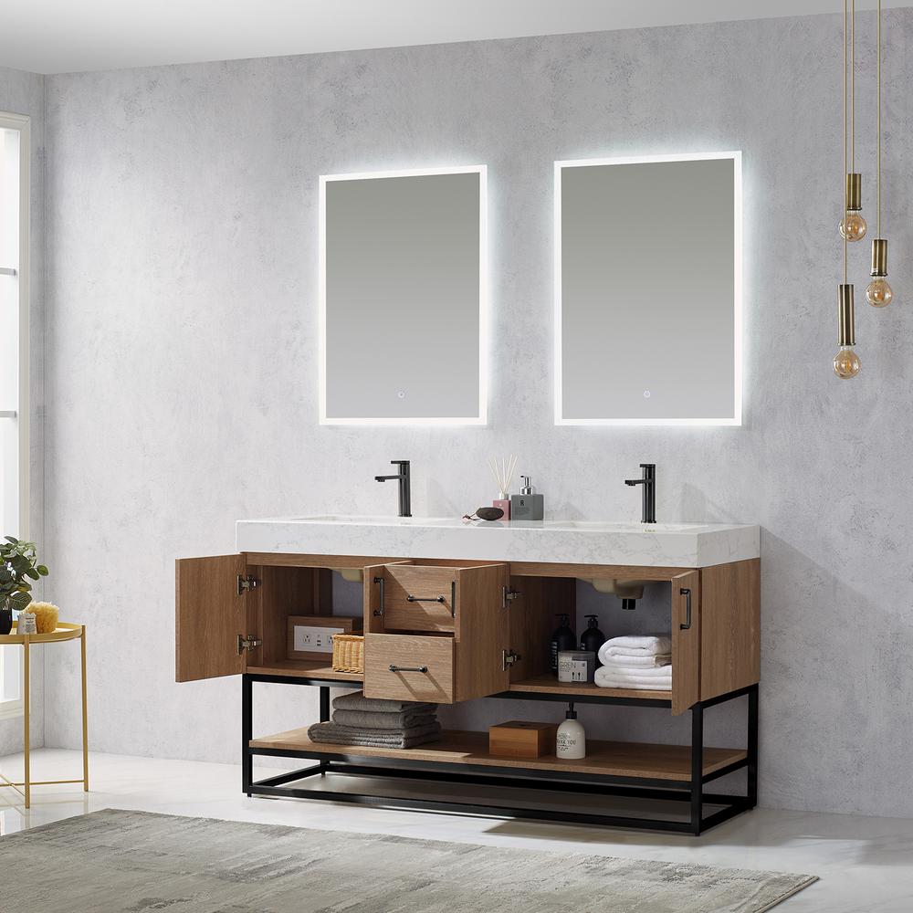 60B" Double Vanity with White Grain Stone Countertop With Mirror. Picture 3