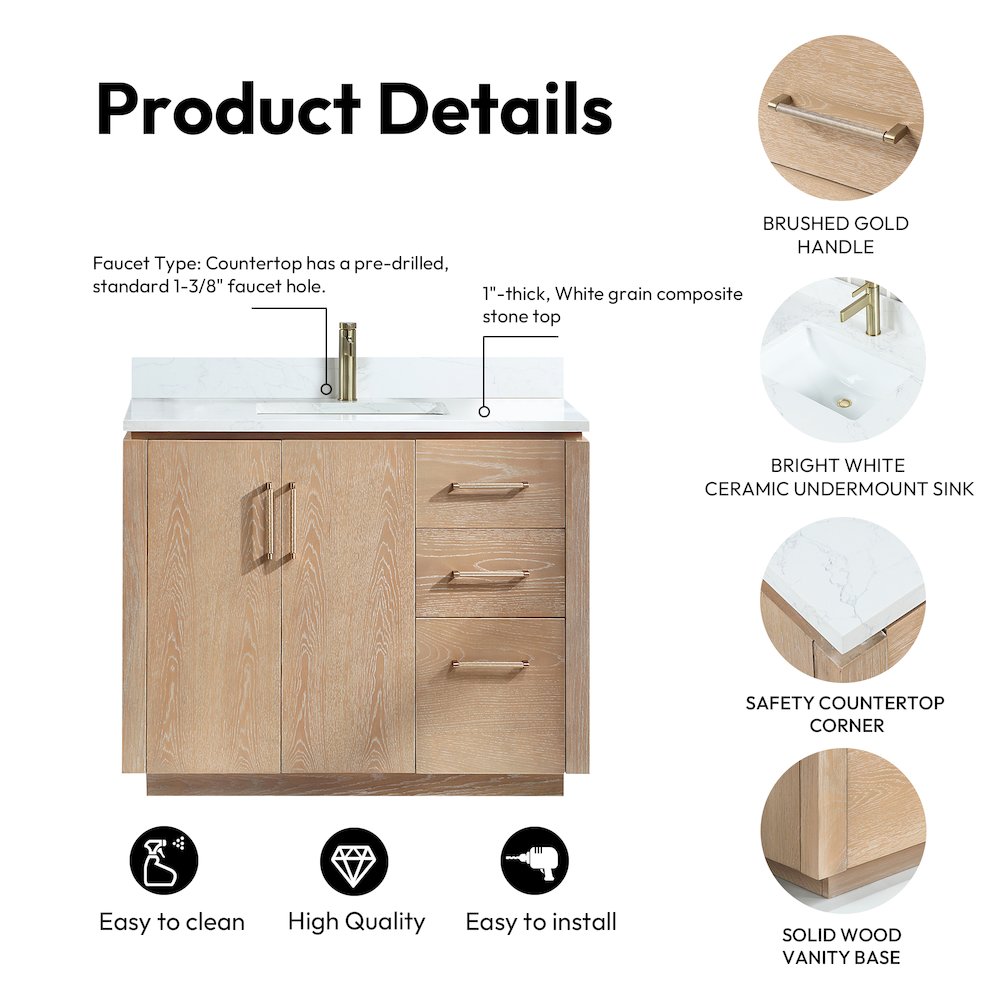 San 42" Free-standing Single Bath Vanity in Washed Ash Grey. Picture 16