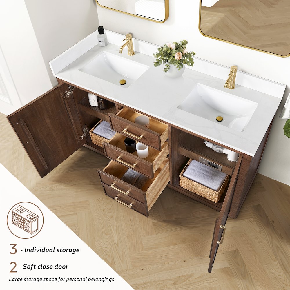 Jakarta 60M" Freestanding Double Bath Vanity in Aged Dark Brown Oak. Picture 8