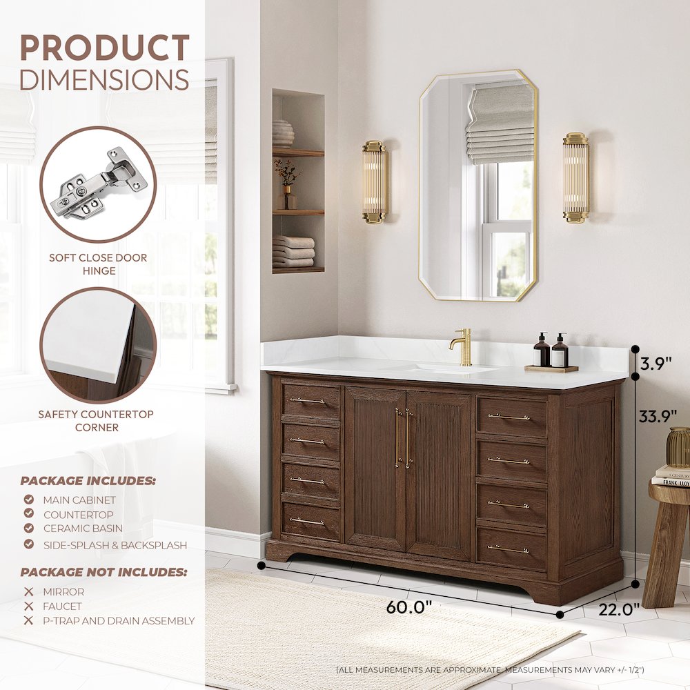 Tokyo 60" Freestanding Single Bath Vanity in Aged Dark Brown Oak. Picture 18