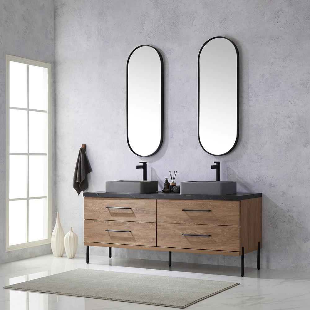 Double Sink Bath Vanity with Sintered Stone Top with Concrete Sink and Mirror. Picture 5