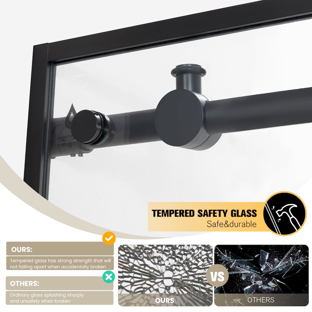 64" W x 78" H Rectangle Single Sliding Frameless Shower Enclosure in Matte Black. Picture 6