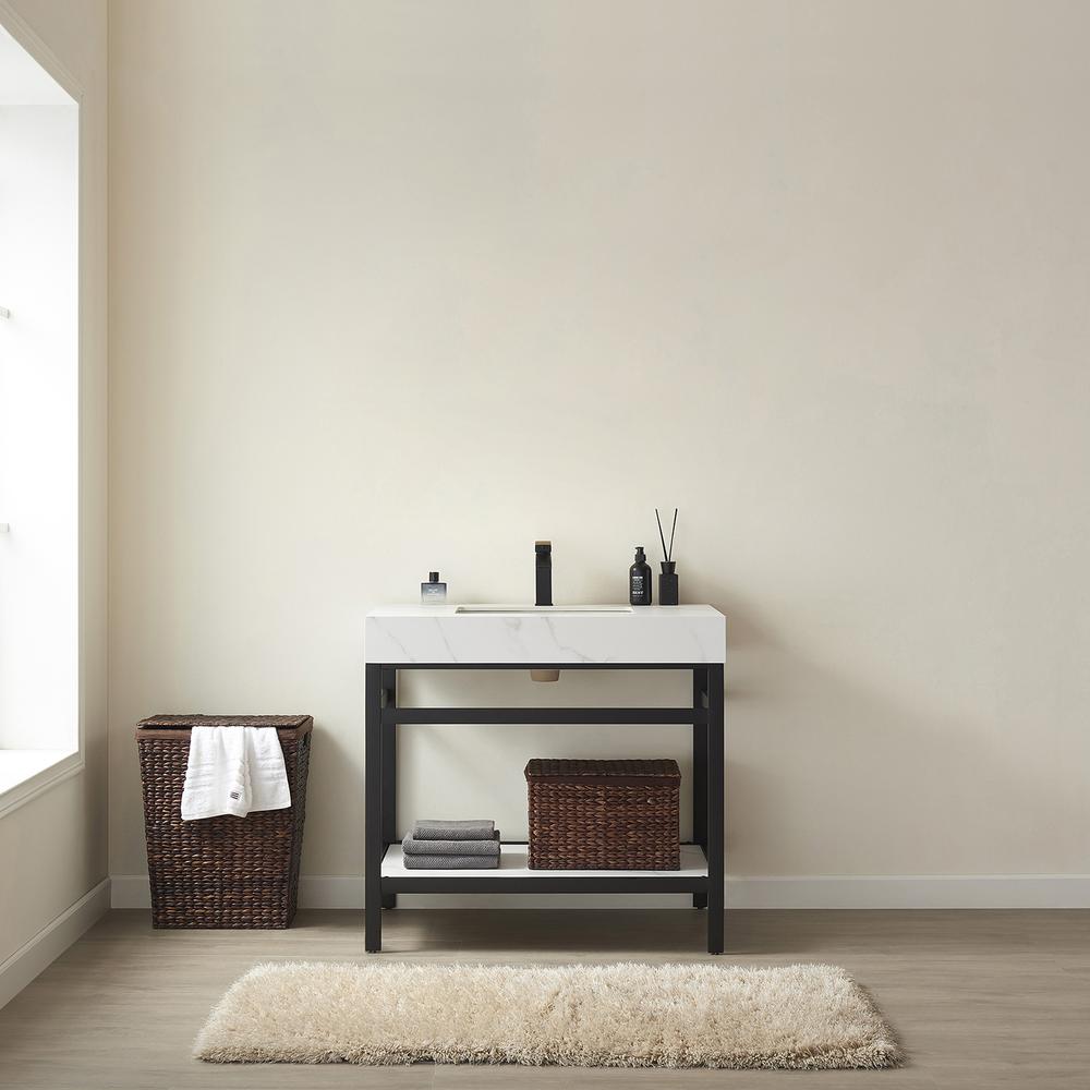Single Sink Bath Vanity Metal Support with White Sintered Stone Top. Picture 3