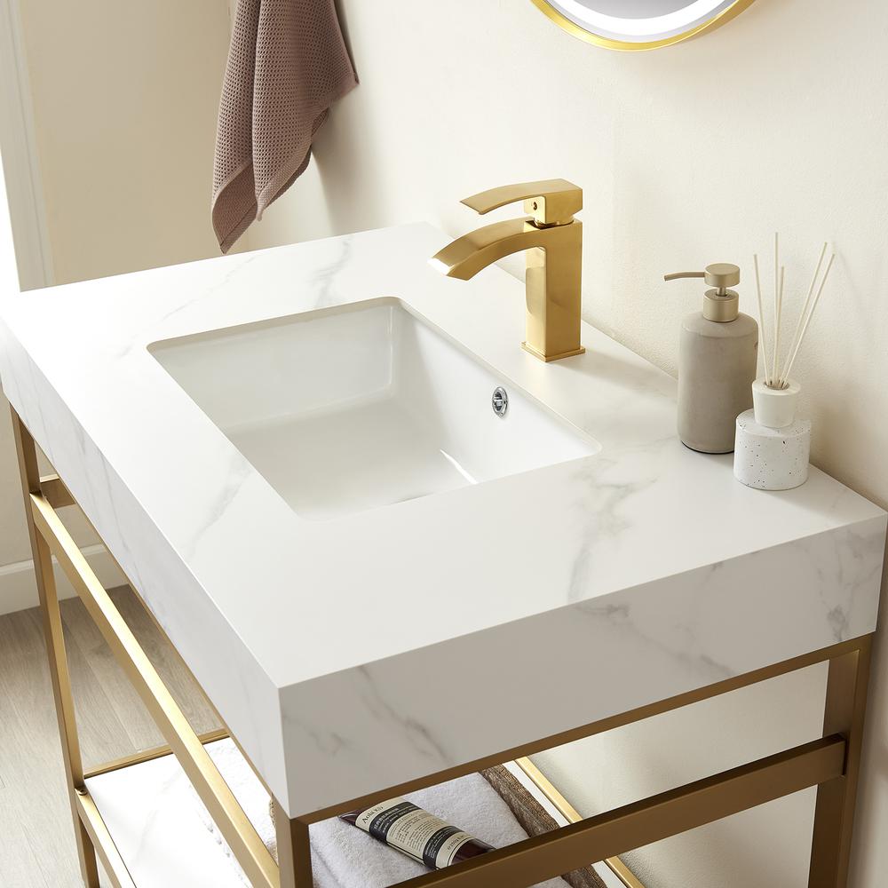 Single Sink Bath Vanity Metal Support with White Sintered Stone Top and Mirror. Picture 6
