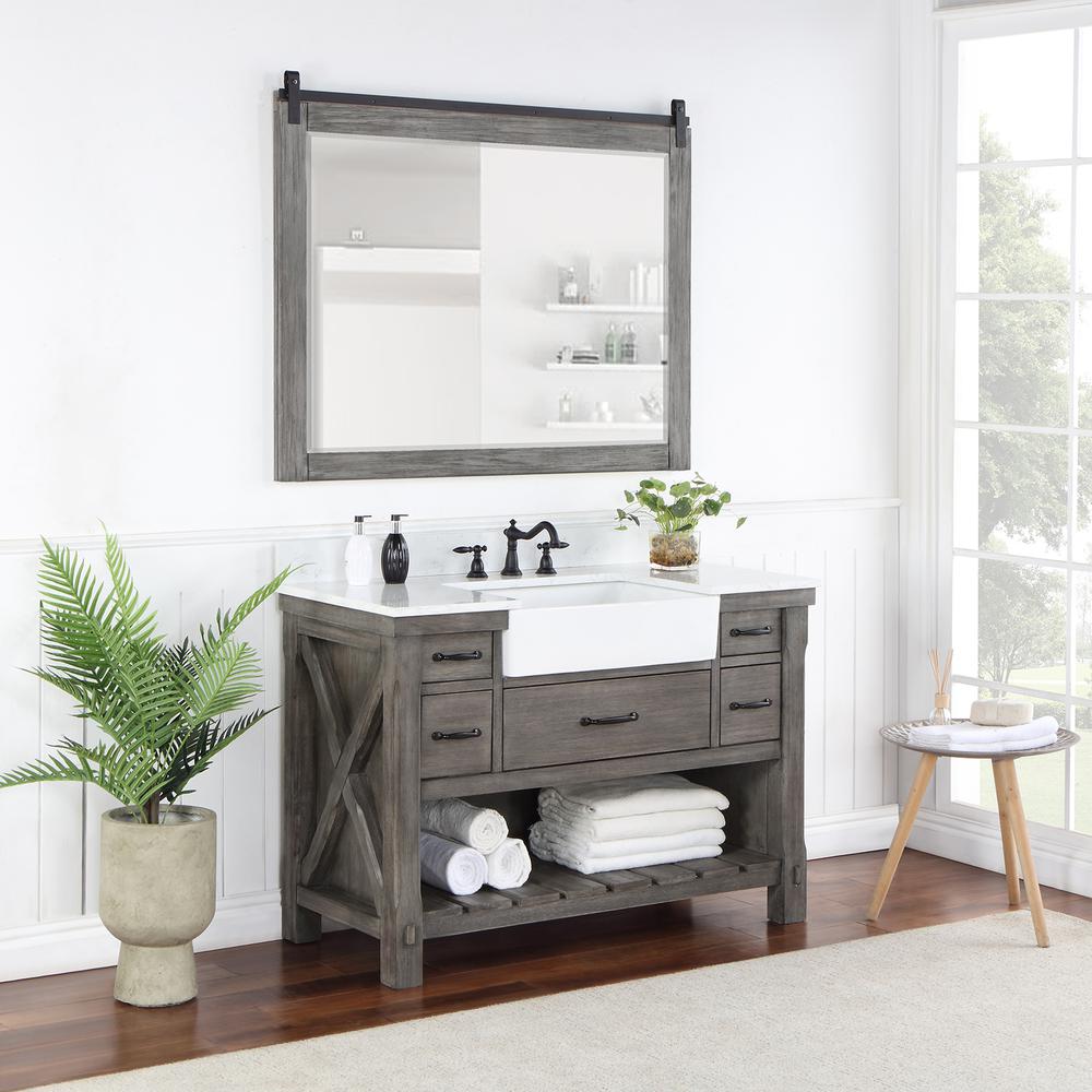 Single Bath Vanity with Composite Stone Top, White Farmhouse Basin and Mirror. Picture 4