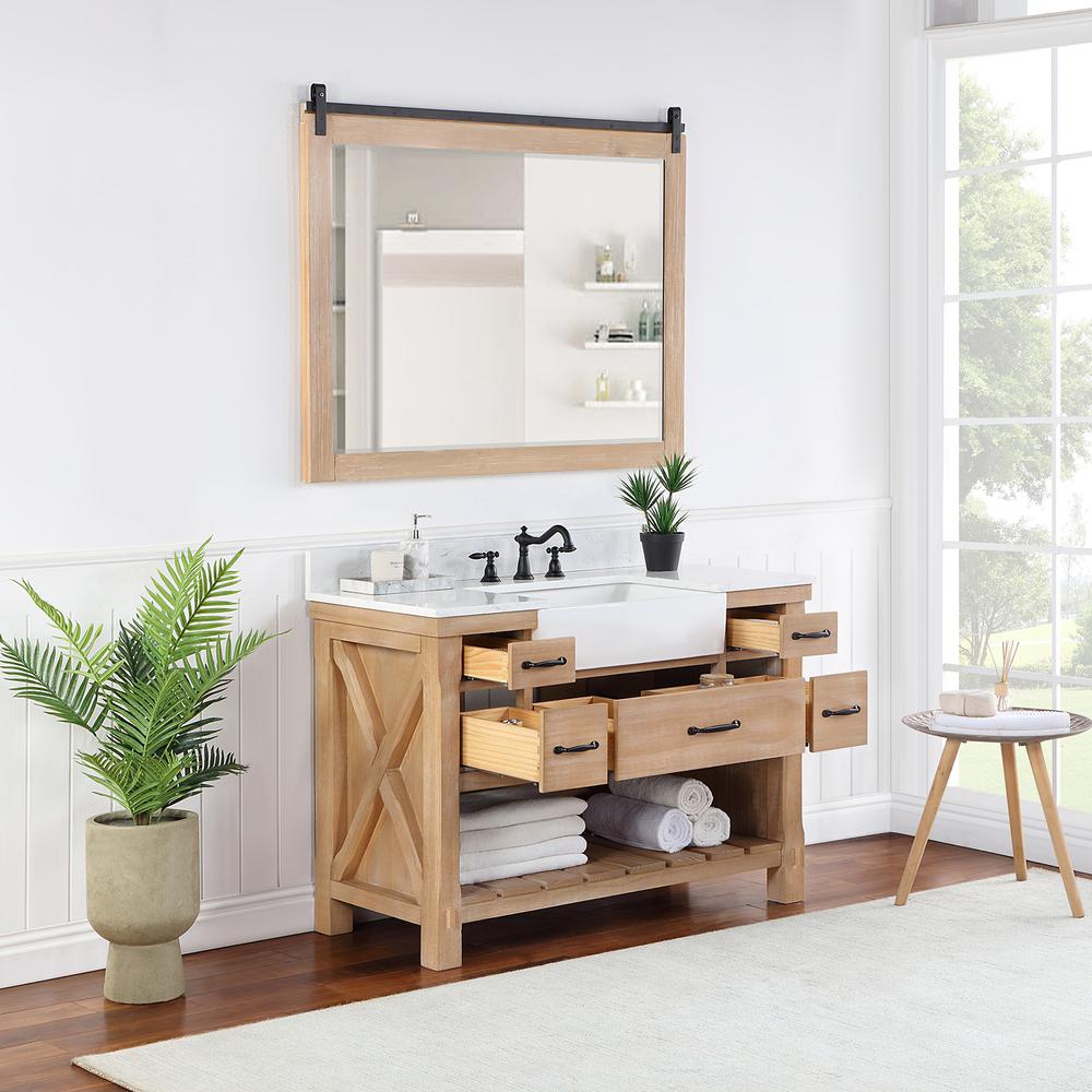 Single Bath Vanity with Composite Stone Top, White Farmhouse Basin and Mirror. Picture 6