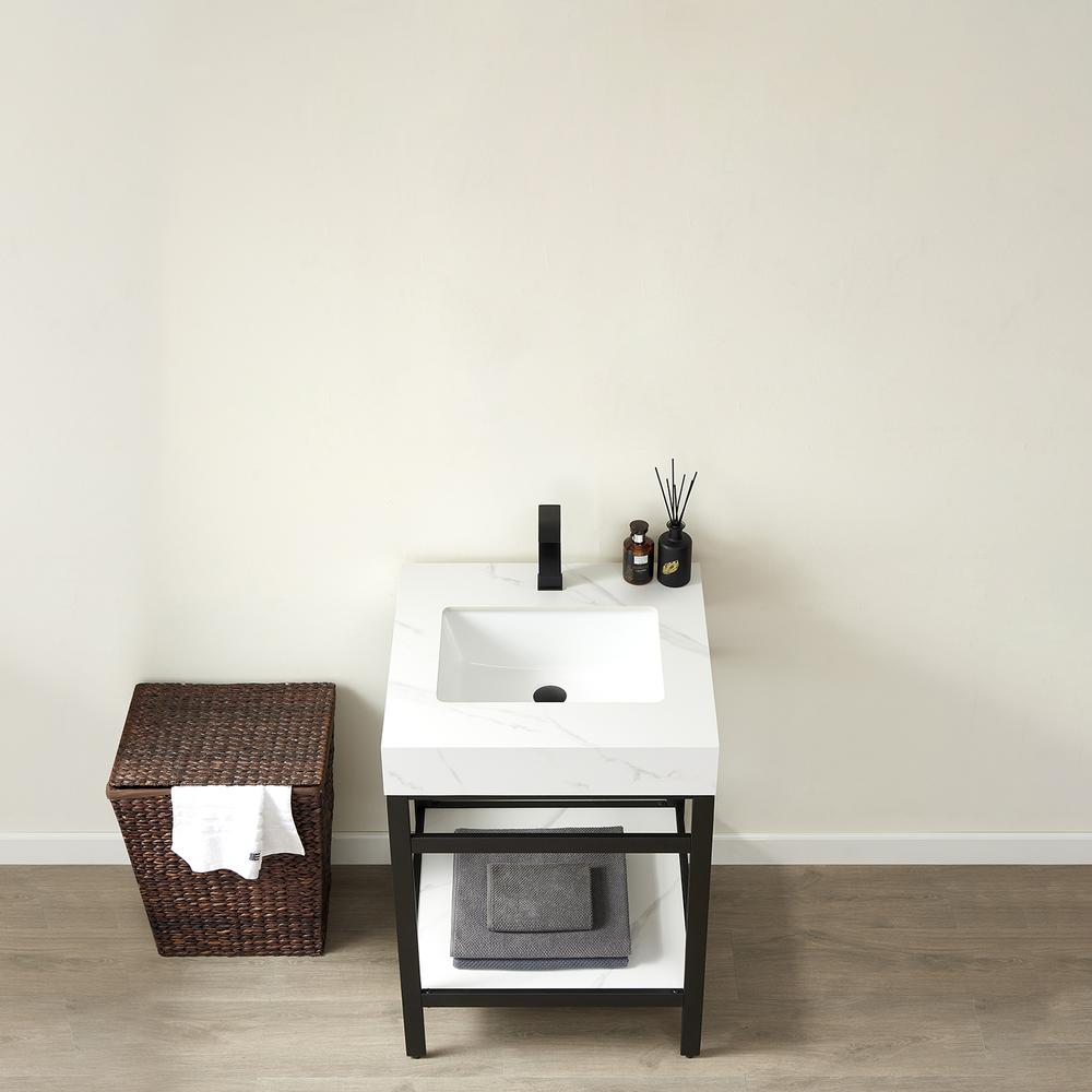 Single Sink Bath Vanity Metal Support with White Sintered Stone Top. Picture 6