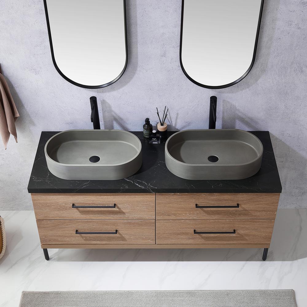 Double Sink Bath Vanity with Sintered Stone Top with Concrete Sink and Mirror. Picture 7