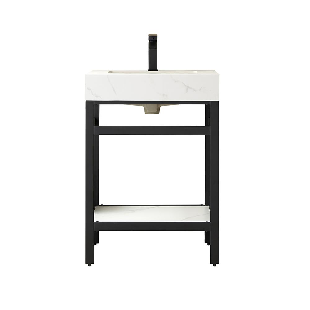 Single Sink Bath Vanity Metal Support with White Sintered Stone Top. Picture 1