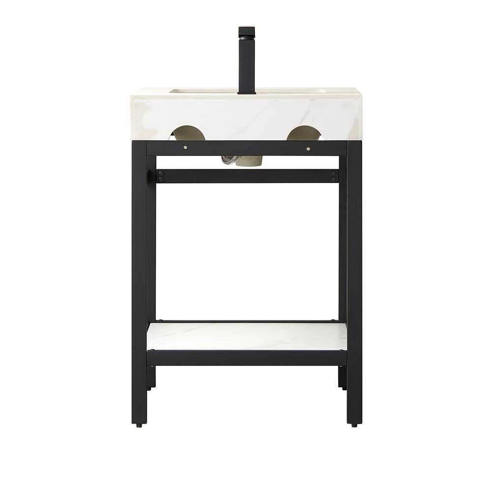 Single Sink Bath Vanity Metal Support with White Sintered Stone Top and Mirror. Picture 2