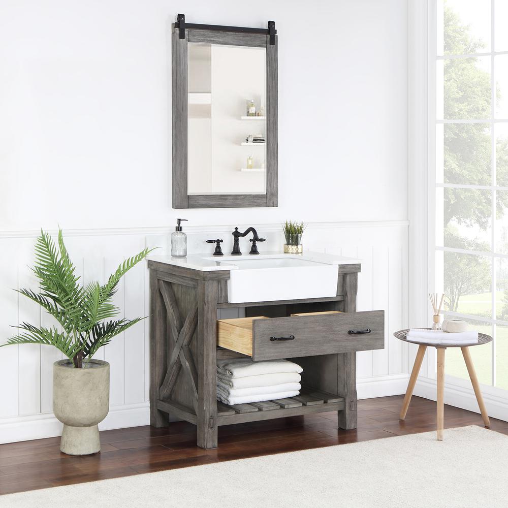 Single Bath Vanity with Composite Stone Top, White Farmhouse Basin and Mirror. Picture 6