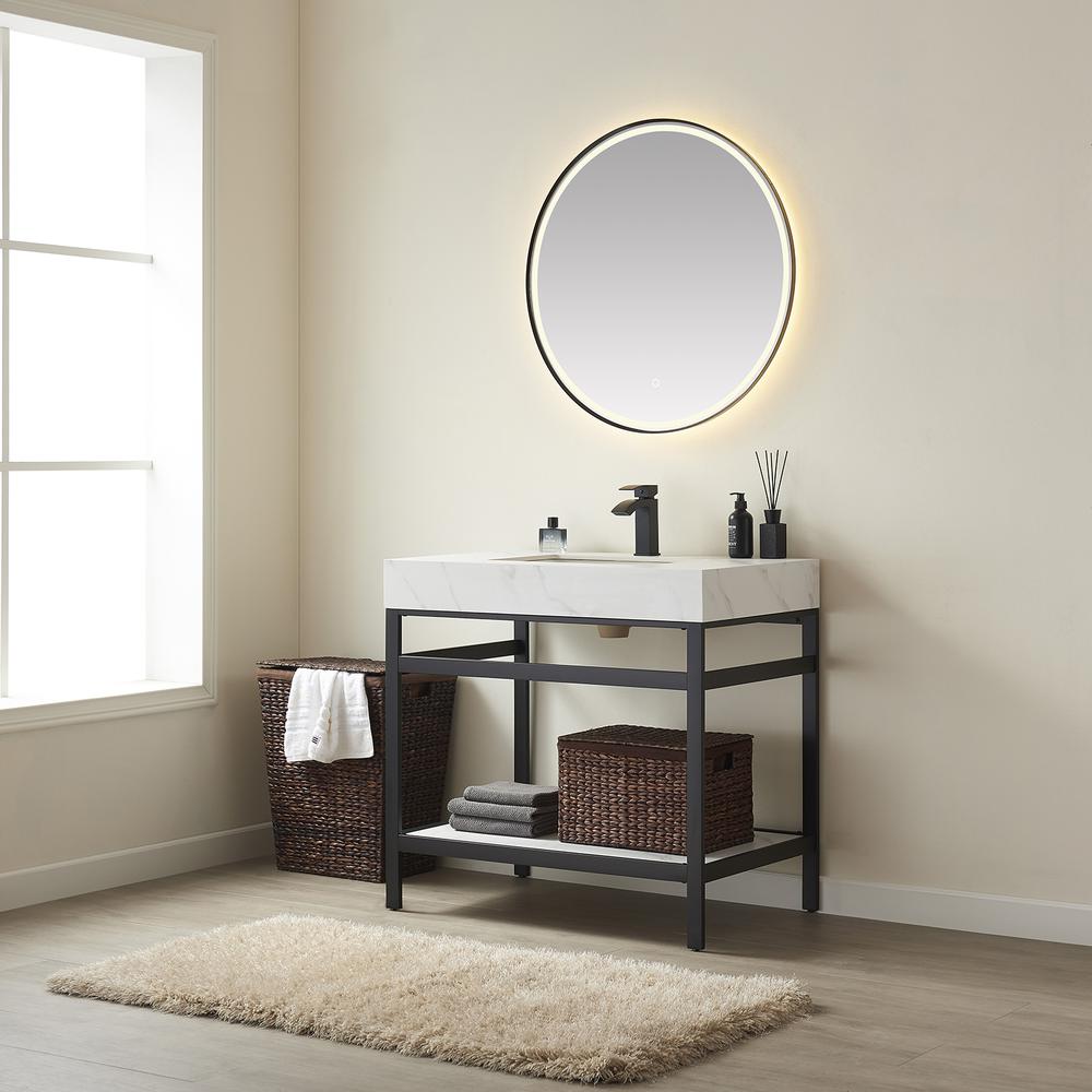 Single Sink Bath Vanity Metal Support with White Sintered Stone Top and Mirror. Picture 4
