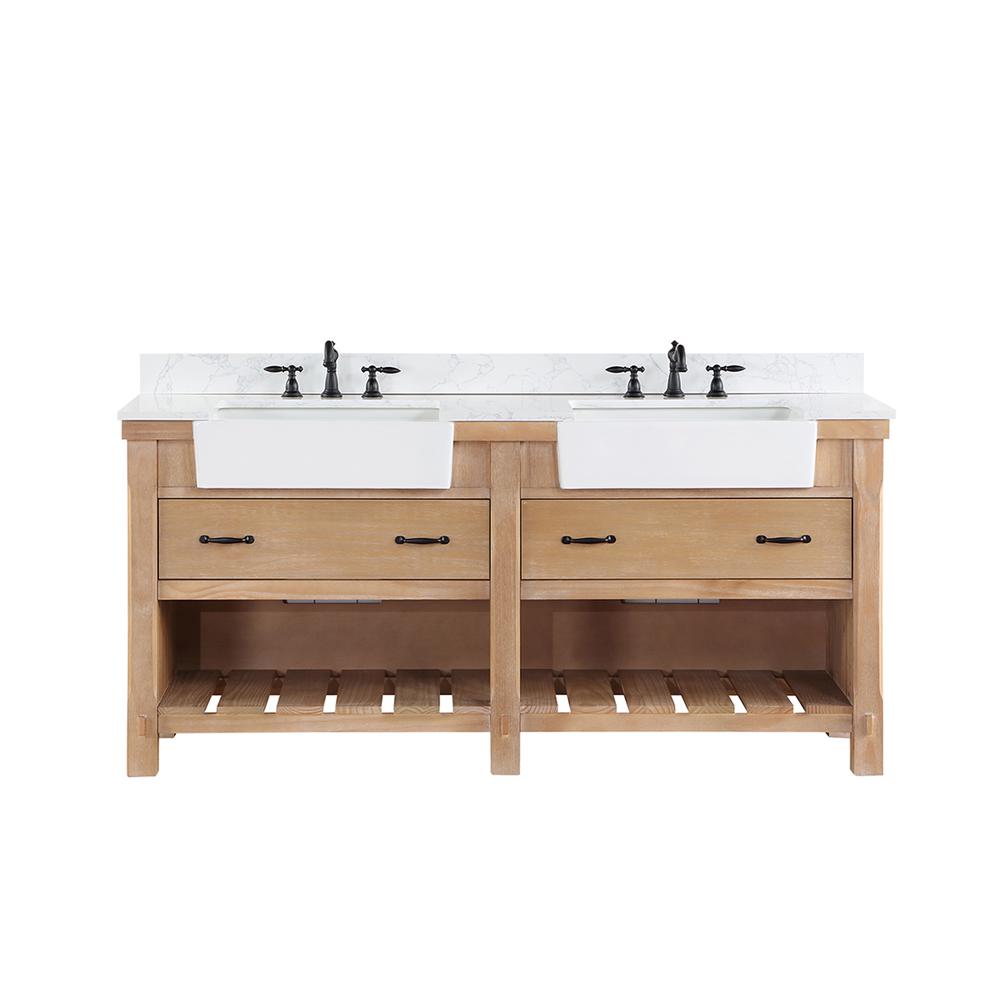 Double Bath Vanity with Composite Stone Top, White Farmhouse Basin. Picture 1