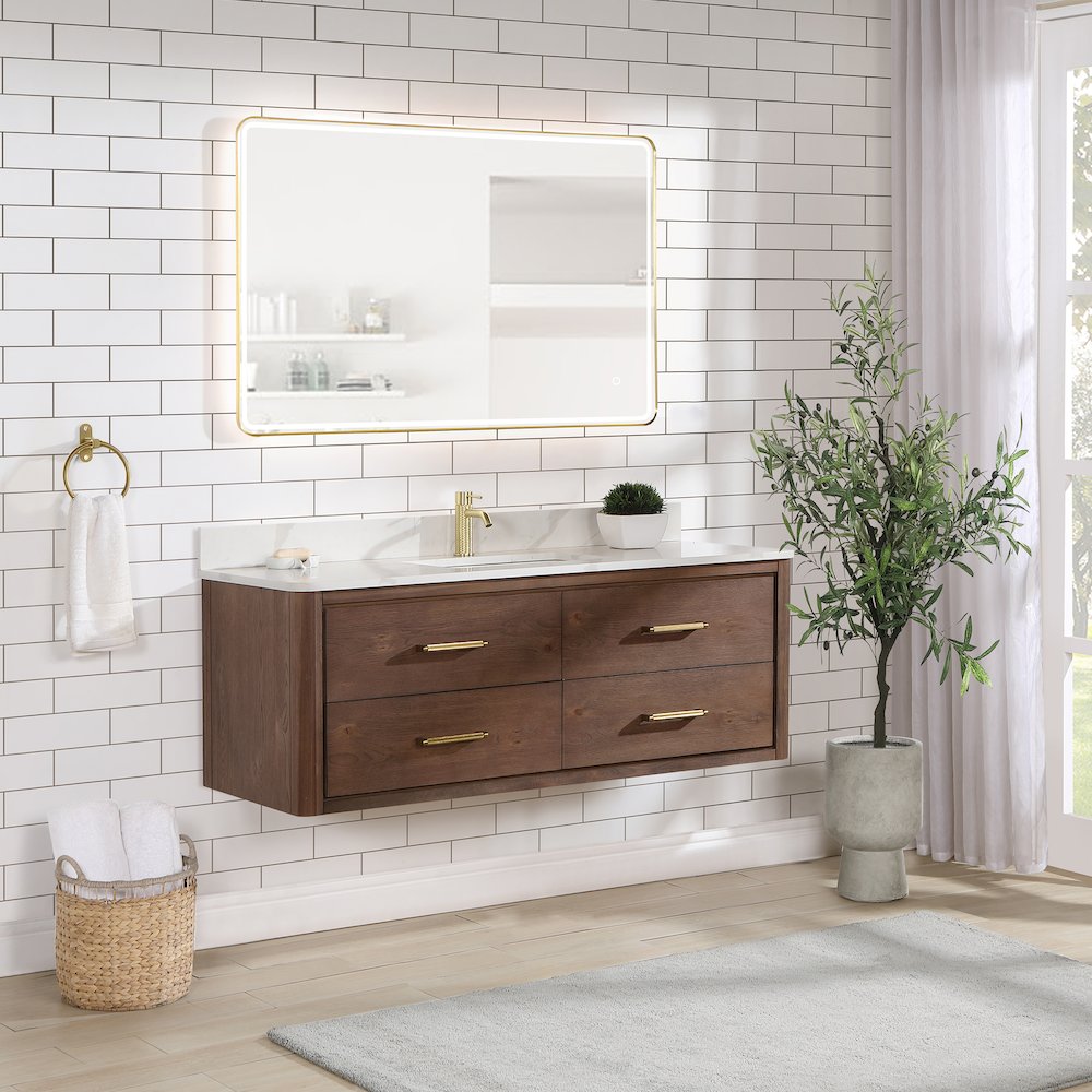 Cristo 55" Floating Single Bath Vanity in Aged Dark Brown Oak. Picture 5