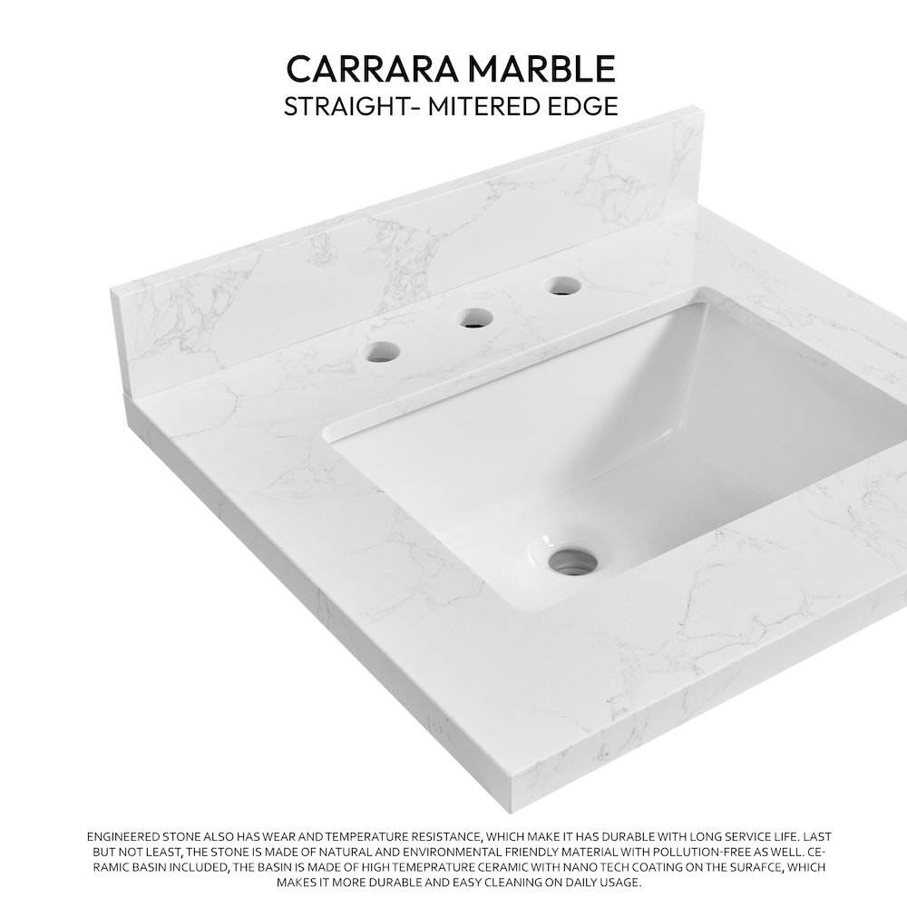 Composite Stone Vanity Top in Grain White with White Rectangular Single Sink. Picture 2