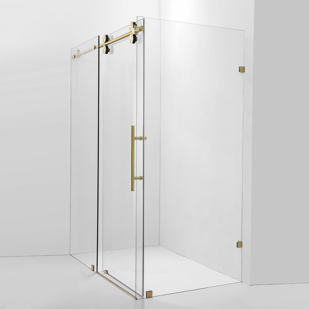 Rectangle Single Sliding Frameless Shower Enclosure in Brushed Gold. Picture 2