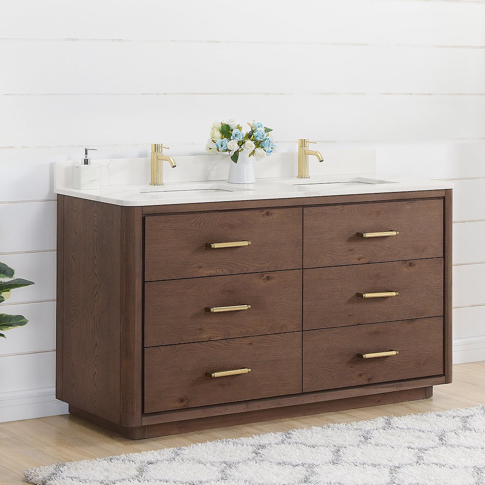 Porto 60M" Free-standing Double Bath Vanity in Aged Dark Brown Oak. Picture 4