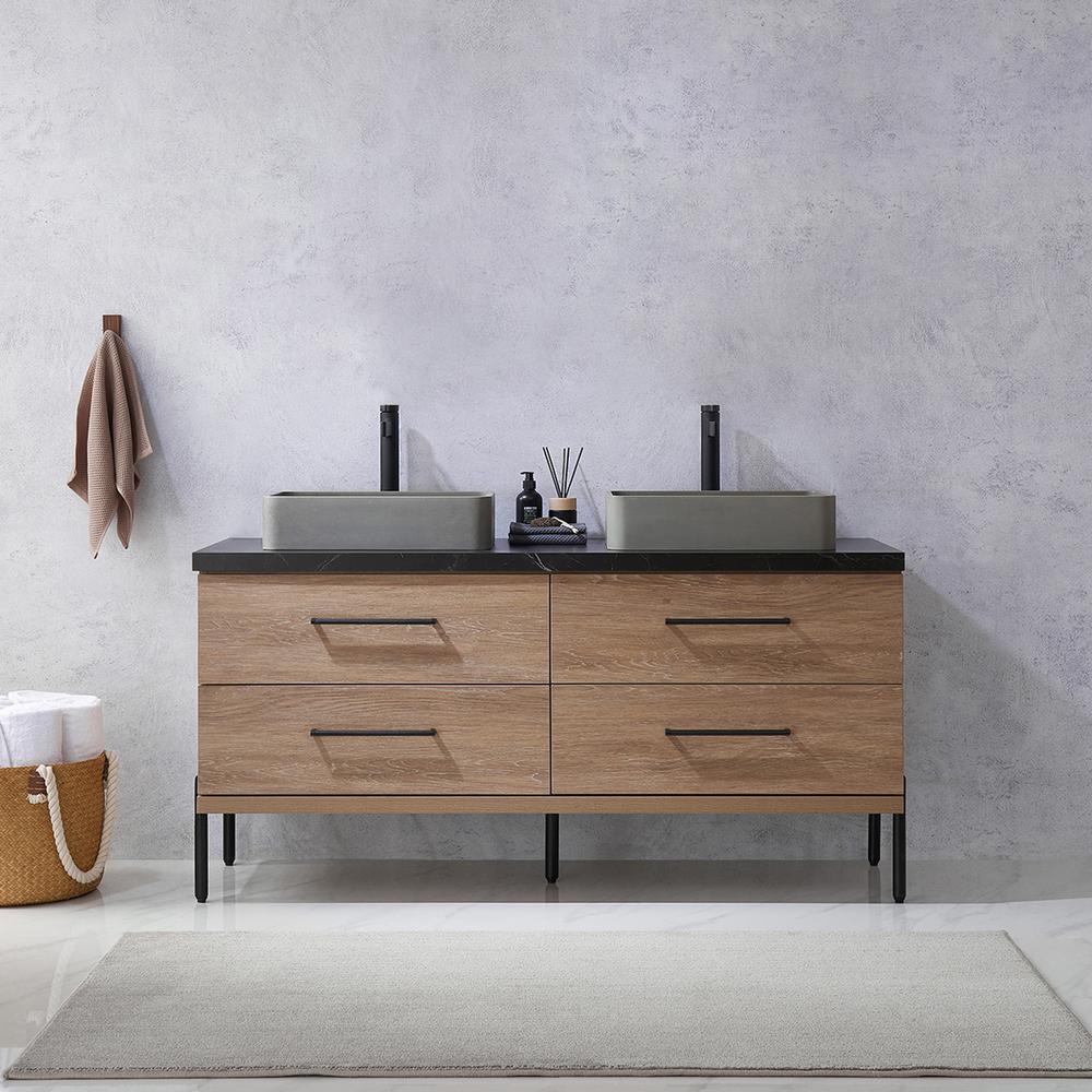 Double Sink Bath Vanity with Black Sintered Stone Top with Concrete Sink. Picture 7