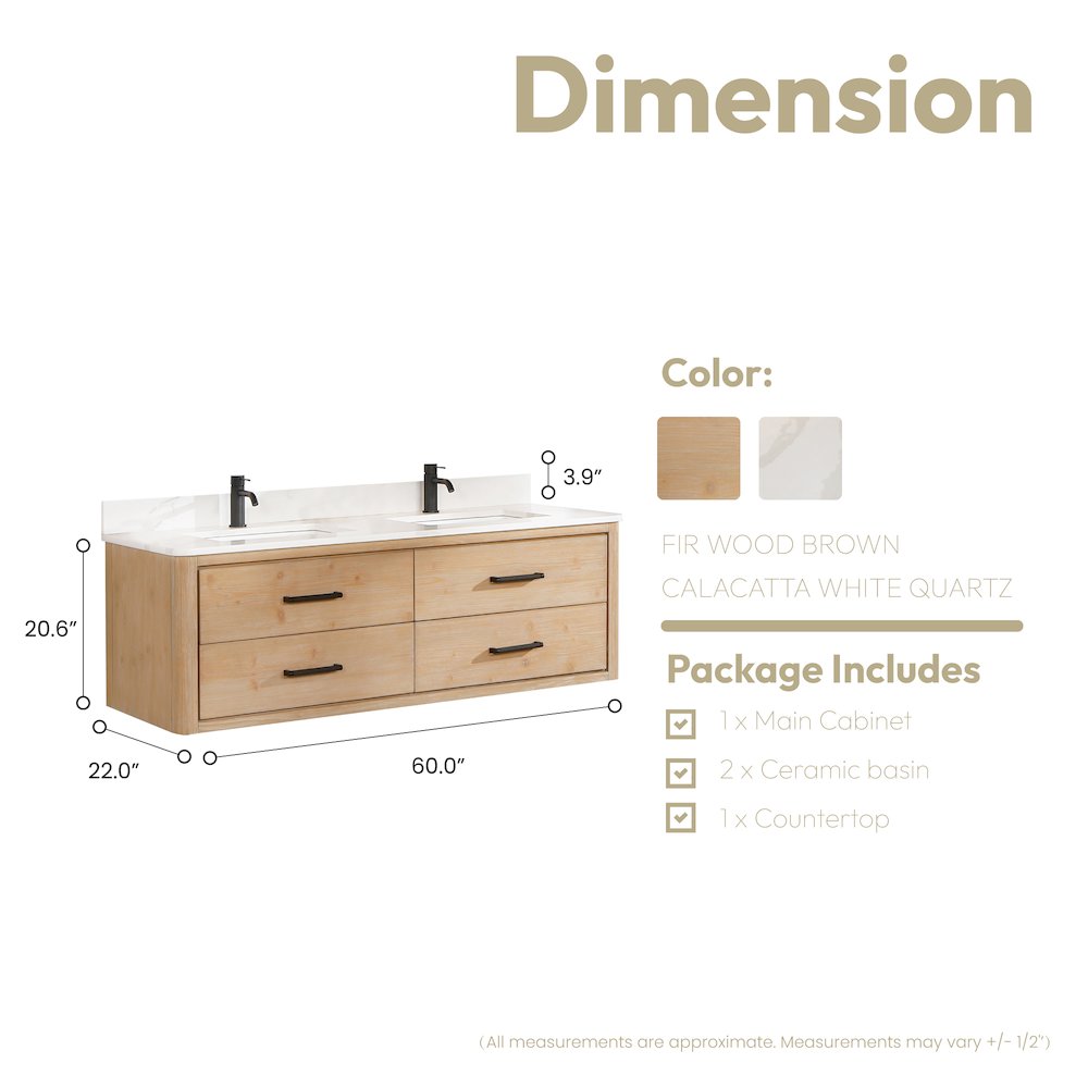 Cristo 60M" Floating Double Bath Vanity in Fir Wood Brown. Picture 17