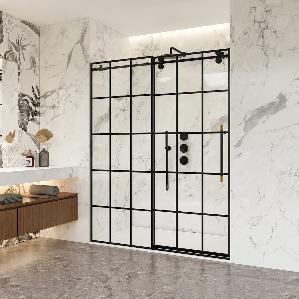 Puente 64" W x 78" H Single Sliding Frameless Shower Door in Matte Black. Picture 4