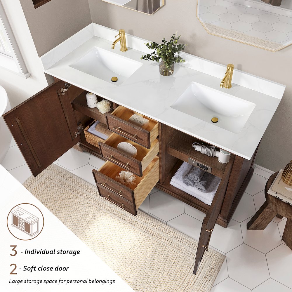 Tokyo 60M" Freestanding Double Bath Vanity in Aged Dark Brown Oak. Picture 9