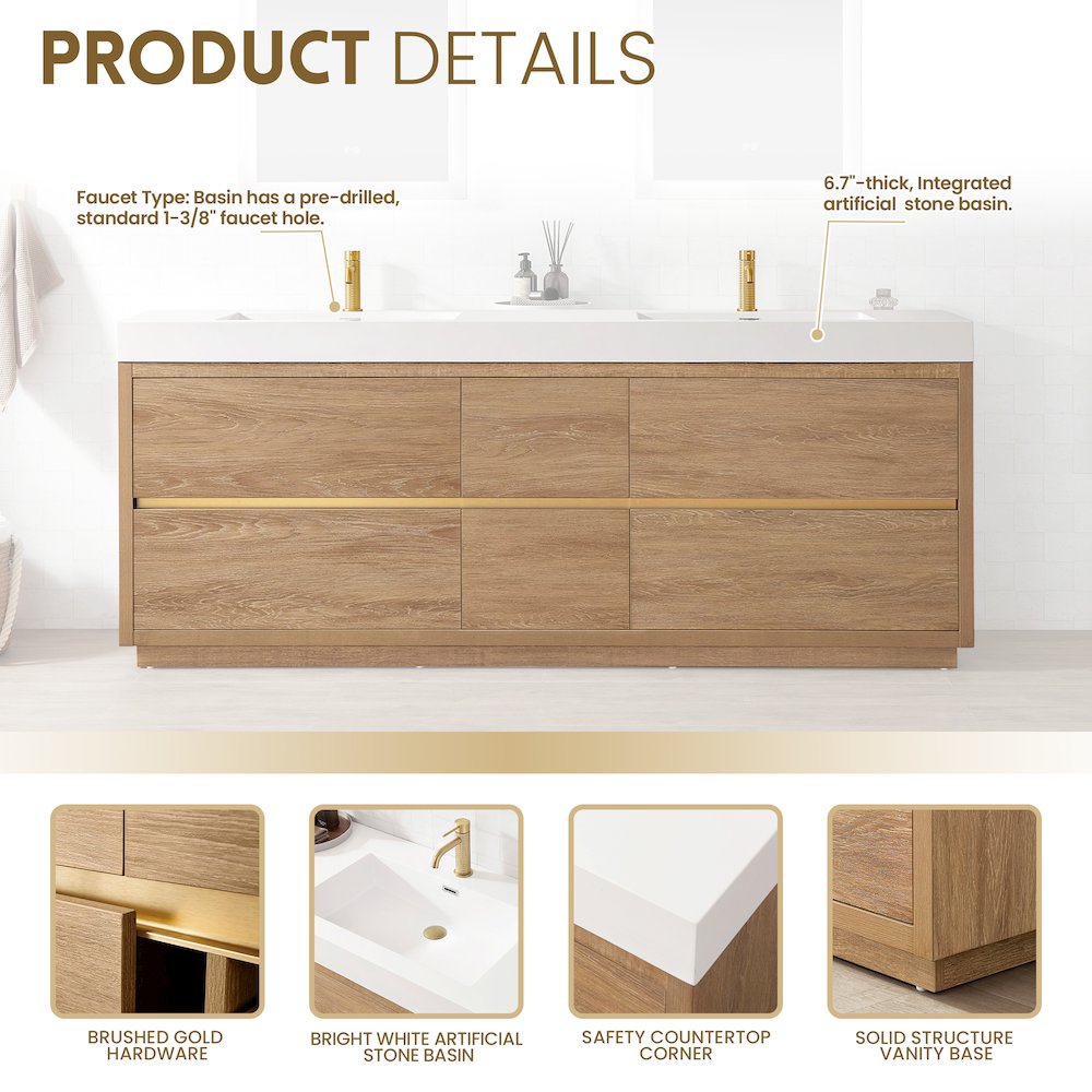 Huesca 84" Double Sink Bath Vanity in North American Oak. Picture 17