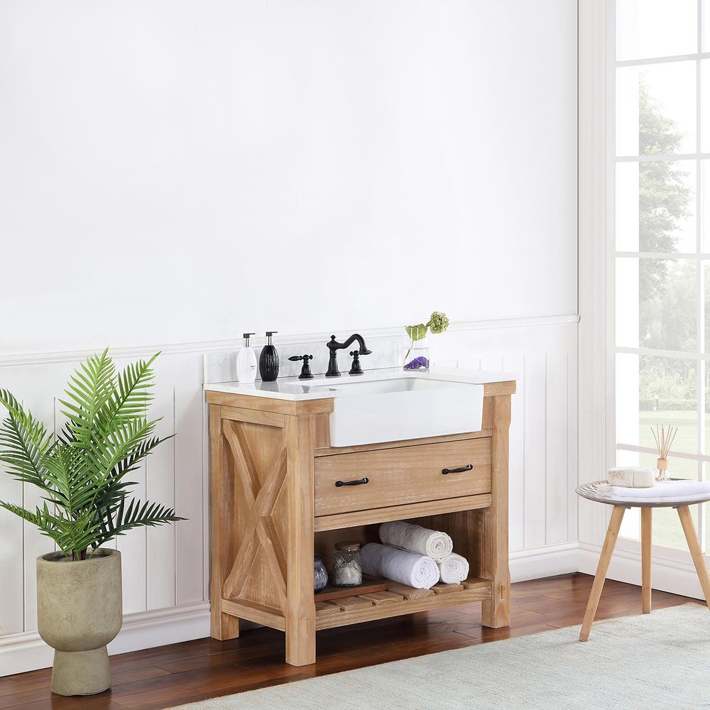 Single Bath Vanity with Composite Stone Top, White Farmhouse Basin. Picture 14