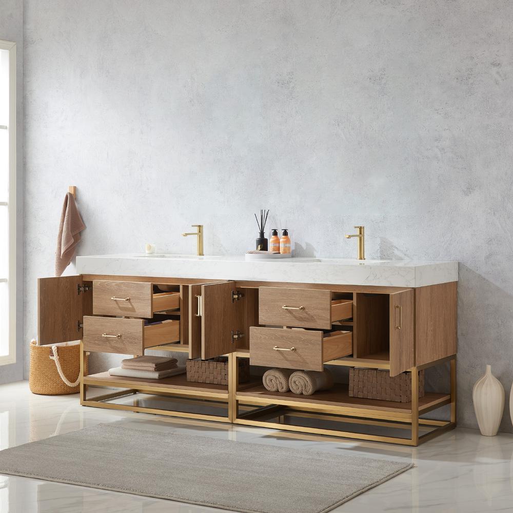 84" Double Sink Bath Vanity with White Grain Stone Countertop. Picture 7
