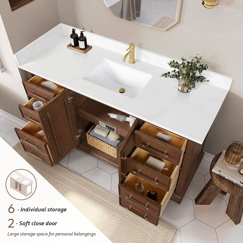 Tokyo 60" Freestanding Single Bath Vanity in Aged Dark Brown Oak. Picture 8