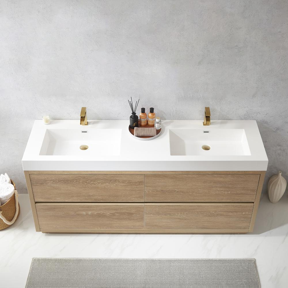 Double Sink Bath Vanity with White Composite Integral Square Sink Top. Picture 6