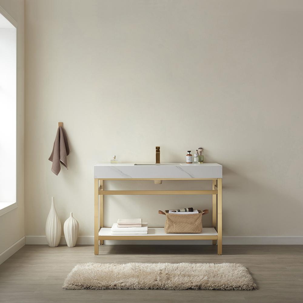 Single Sink Bath Vanity Metal Support with White Sintered Stone Top. Picture 5