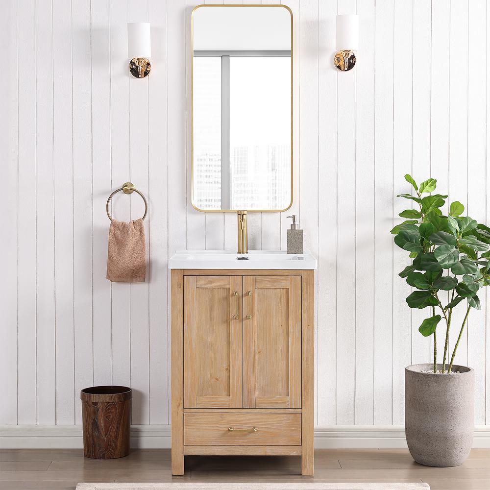 Single Sink Bath Vanity with Drop-In White Ceramic Basin and Mirror. Picture 5