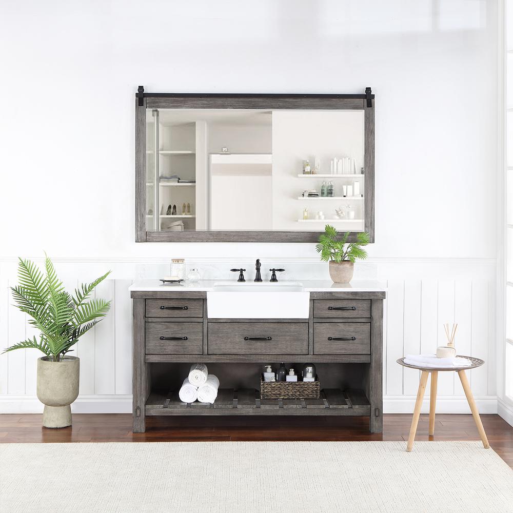 Single Bath Vanity with Composite Stone Top, White Farmhouse Basin and Mirror. Picture 4