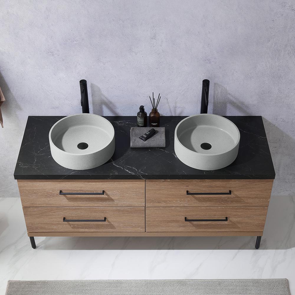 Double Sink Bath Vanity with Black Sintered Stone Top with Concrete Sink. Picture 9