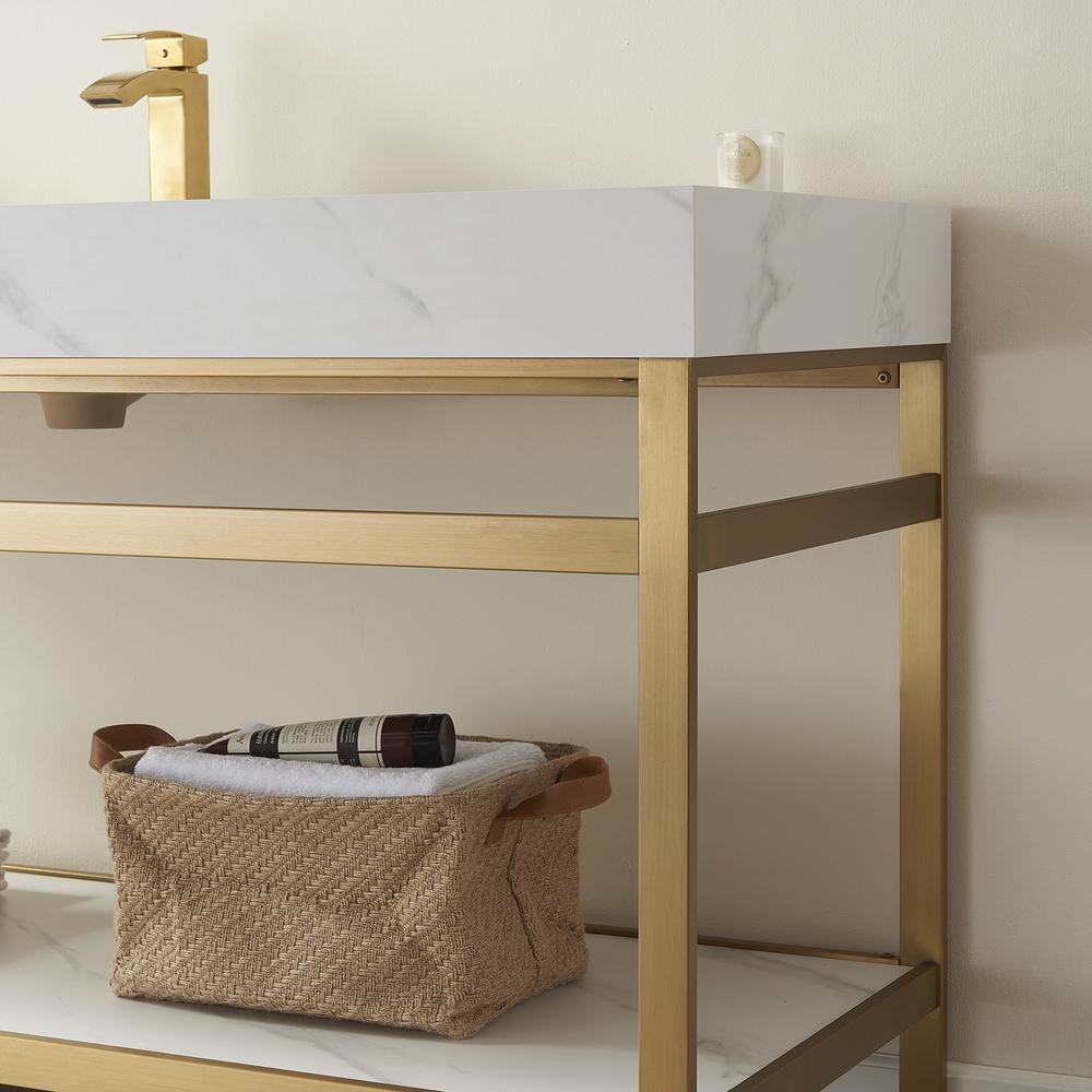 Single Sink Bath Vanity Metal Support with White Sintered Stone Top. Picture 4