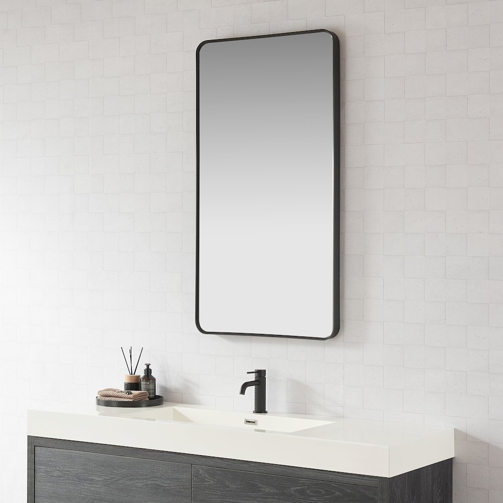 Rectangle Aluminum Framed Wall Mount Bathroom Vanity Mirror in Brushed Black. Picture 3