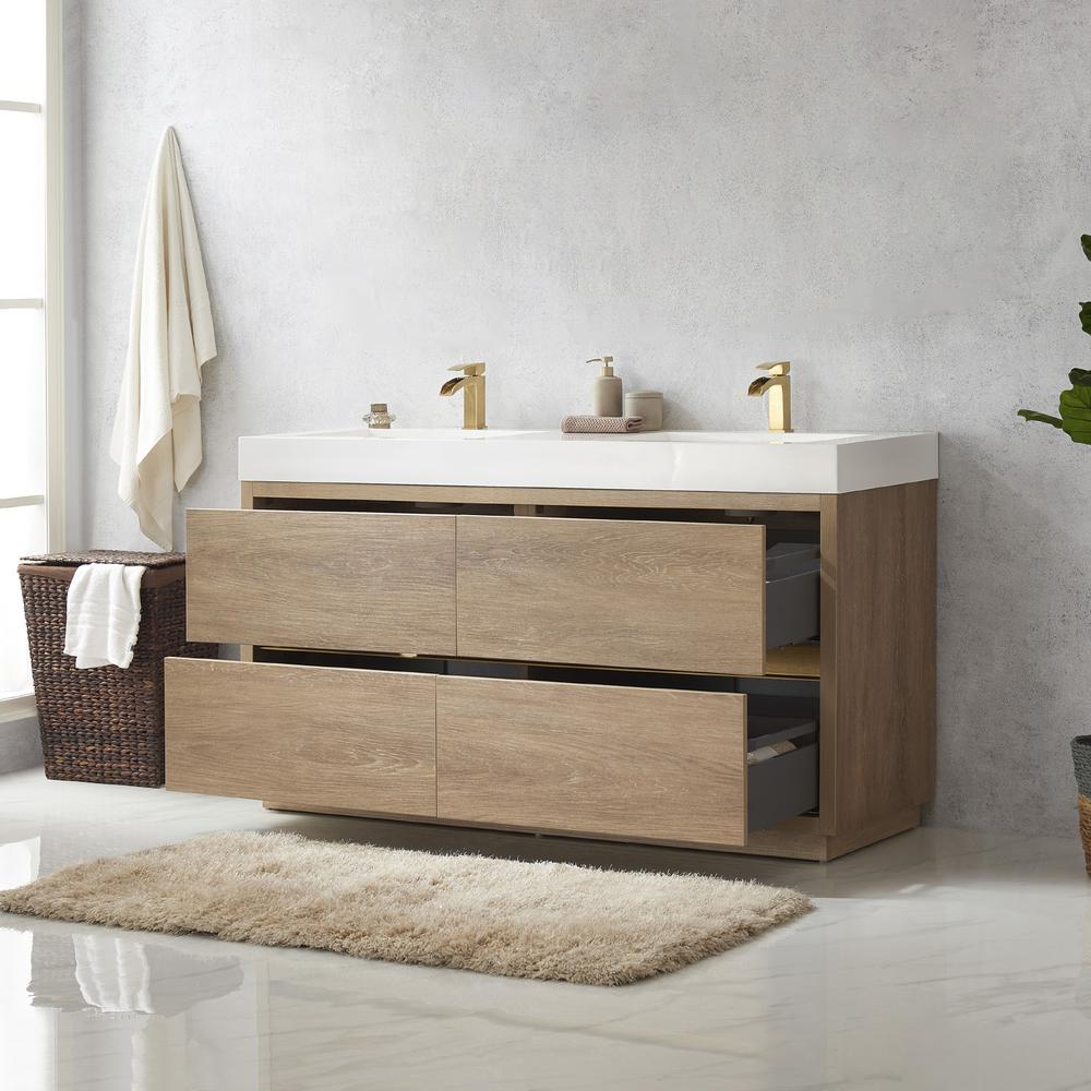 Double Sink Bath Vanity with White Composite Integral Square Sink Top. Picture 7