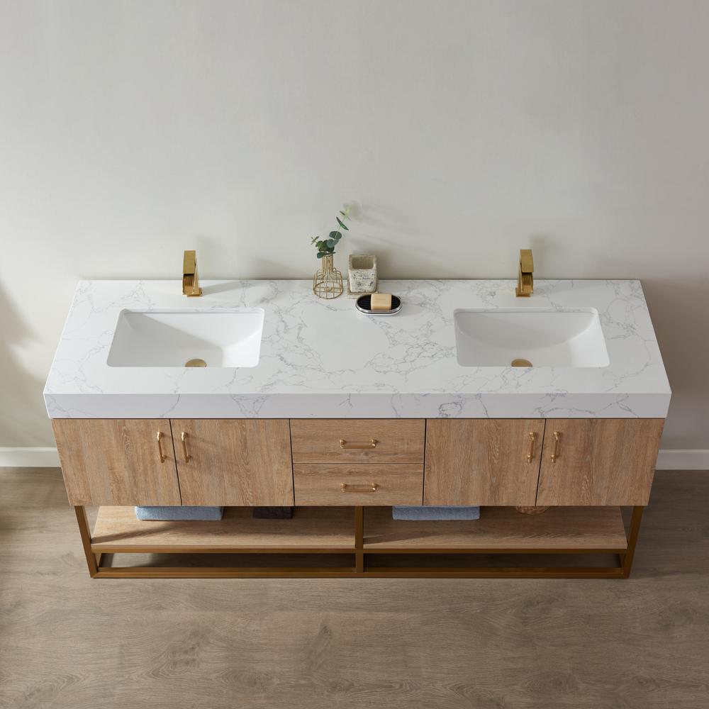 72" Double Vanity with White Grain Stone Countertop Without Mirror. Picture 10