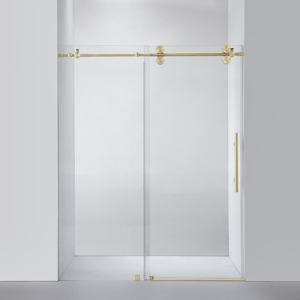 Villena 60" W x 78" H Single Sliding Frameless Shower Door in Brushed Gold. Picture 1