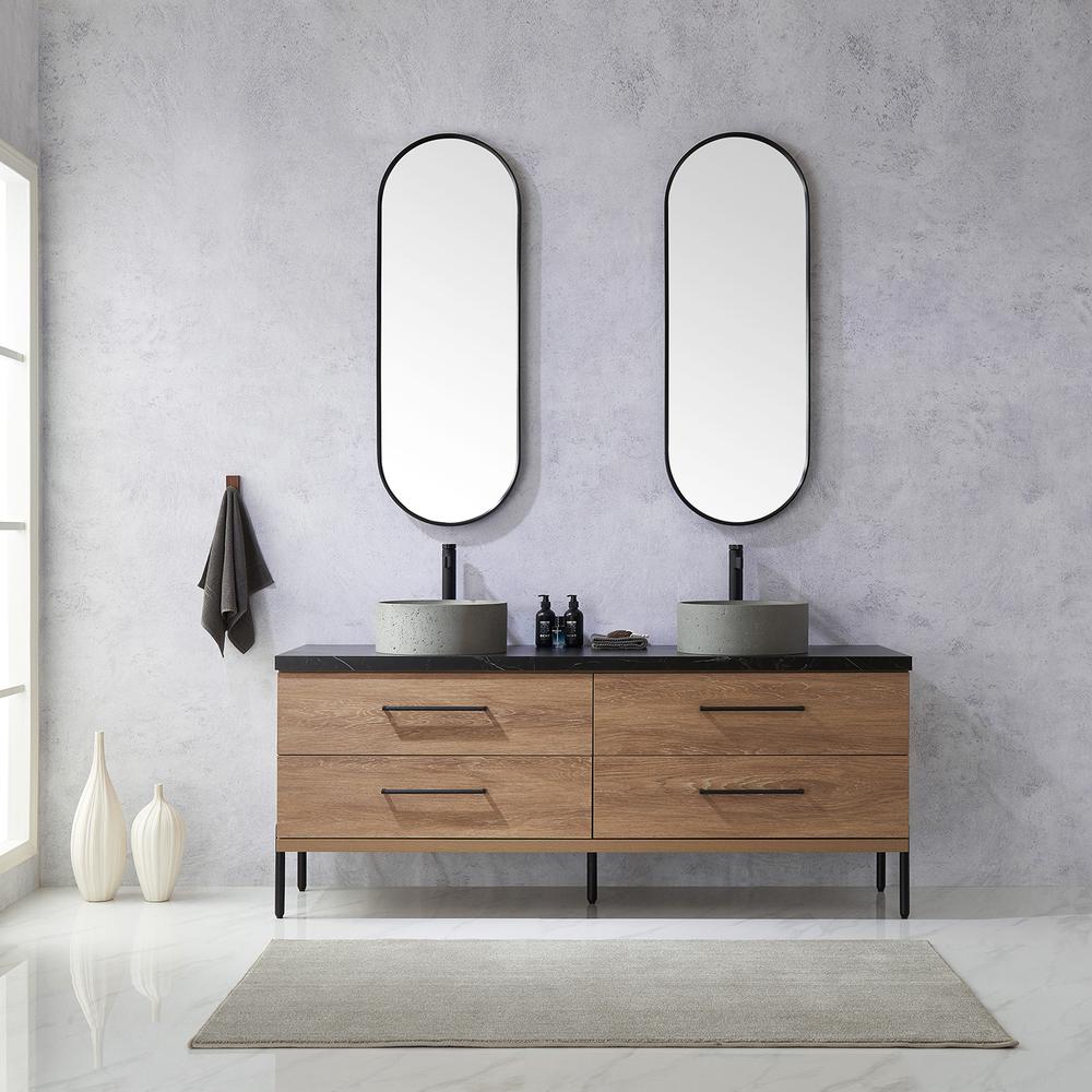 Double Sink Bath Vanity with Sintered Stone Top with Concrete Sink and Mirror. Picture 4