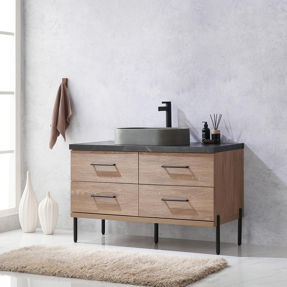 Single Sink Bath Vanity with Black Sintered Stone Top with Concrete Sink. Picture 4