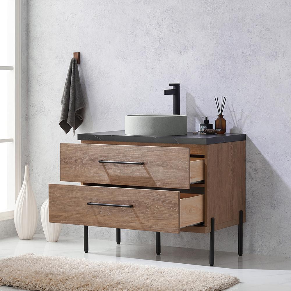 Single Sink Bath Vanity with Black Sintered Stone Top with Concrete Sink. Picture 6