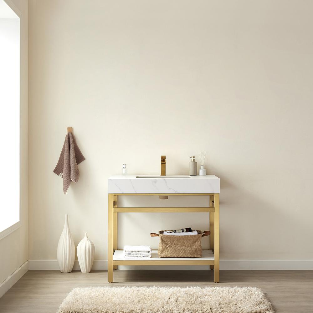 Single Sink Bath Vanity Metal Support with White Sintered Stone Top. Picture 3