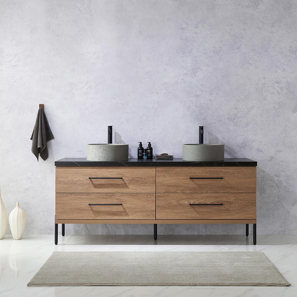 Double Sink Bath Vanity with Black Sintered Stone Top with Concrete Sink. Picture 4